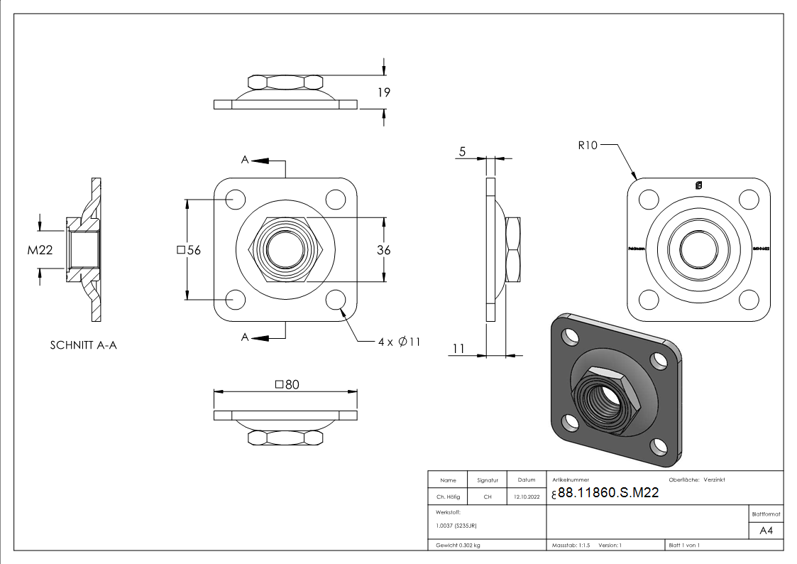 Verstellbare Mauerplatte fuer M22- verzinkt-88-11860-S.M22
