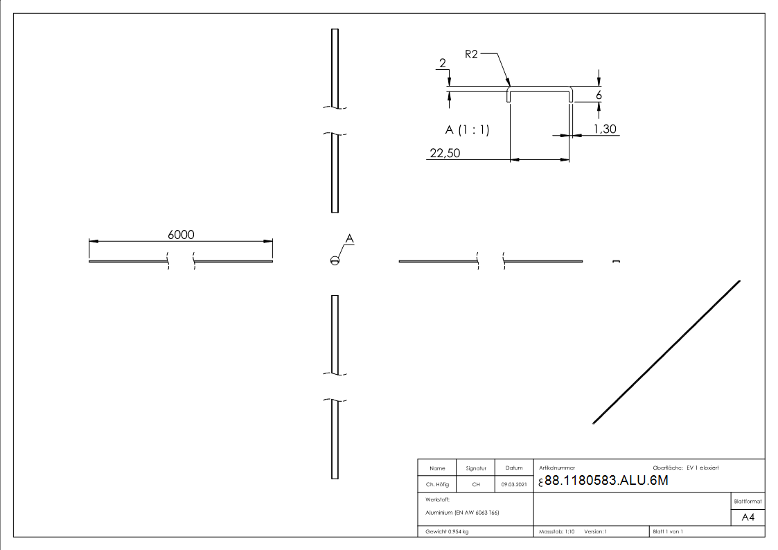 Kantenschutz Aluminium fuer Glas 20-00–21-52 mm L = 6000 mm eloxiert E4-EV1-88-1180583-ALU.6M