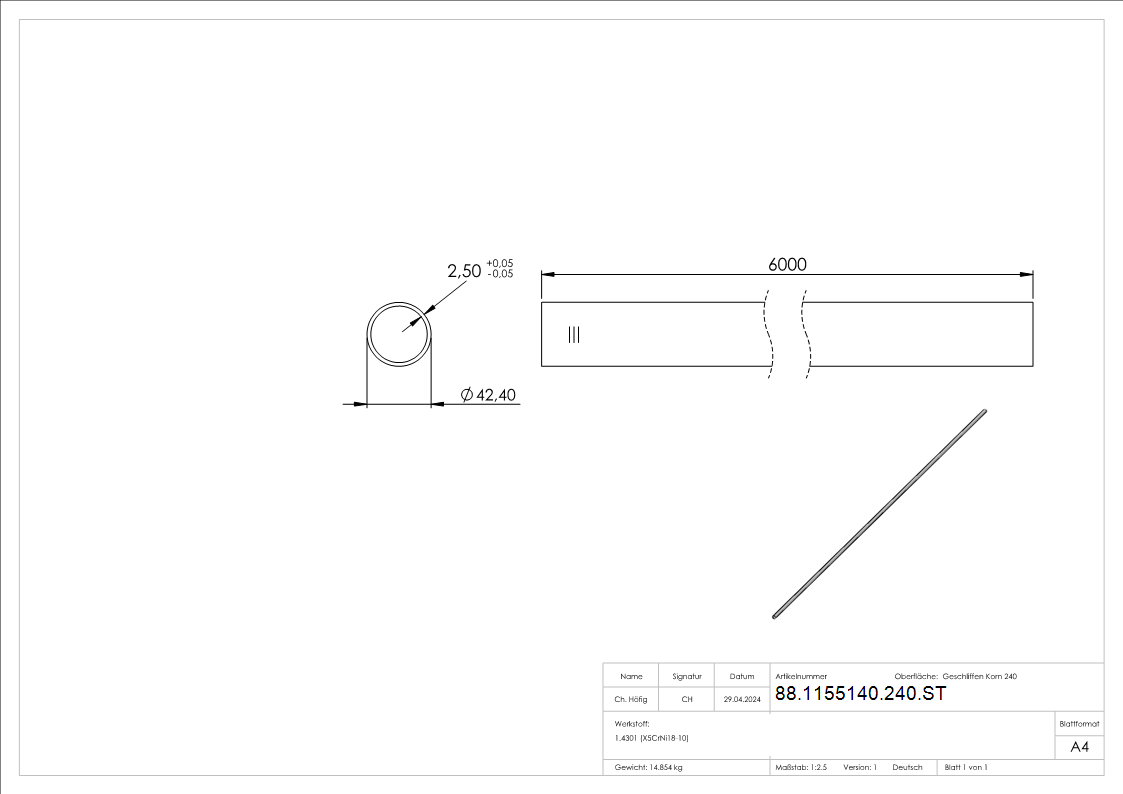 Edelstahlrohr- 42-4 x 2-5mm- L=6m- Korn 240 geschliffen- V2A Edelstahl-88-1155140-240.ST