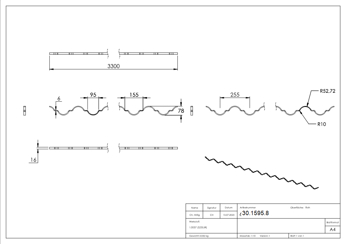 Ziergitterstange - glatt - Material- 16x6 mm- gerillt - Laenge- 3300 mm - Stahl S235JR- roh-30-1595.8
