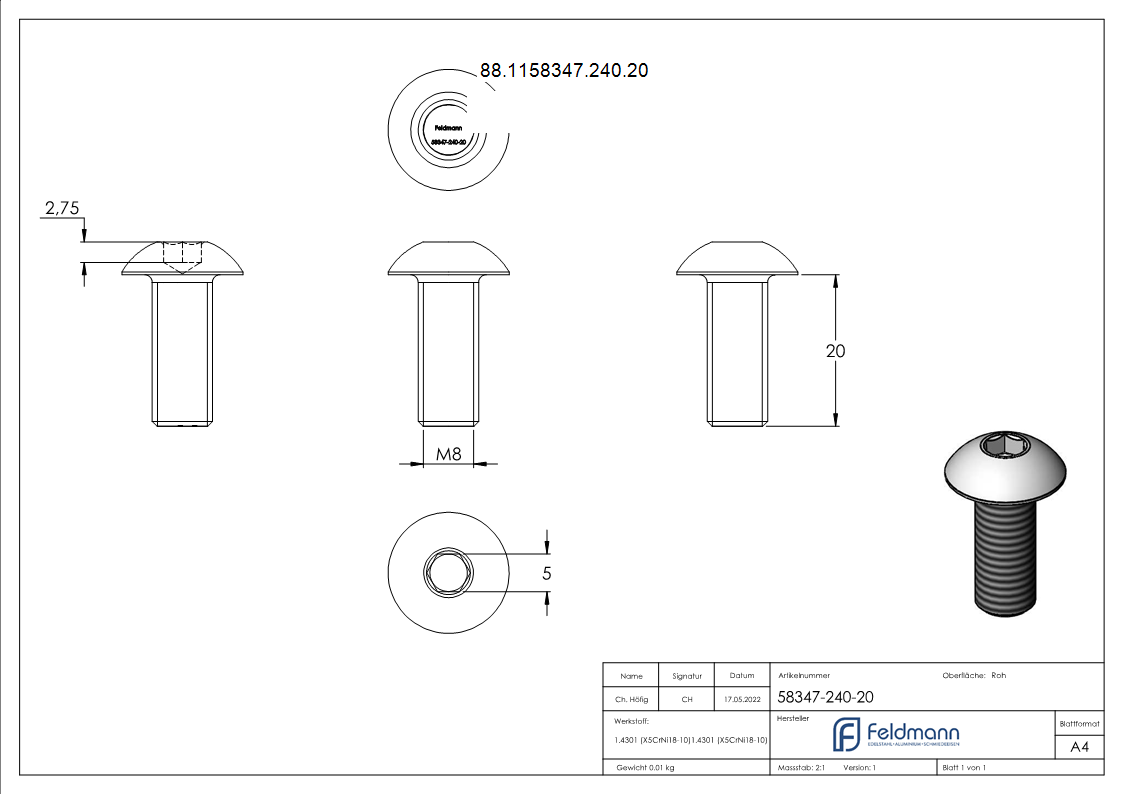 Rundkopfschraube V2A M8x20 Innensechskant DIN 7380-1-88-1158347-240.20