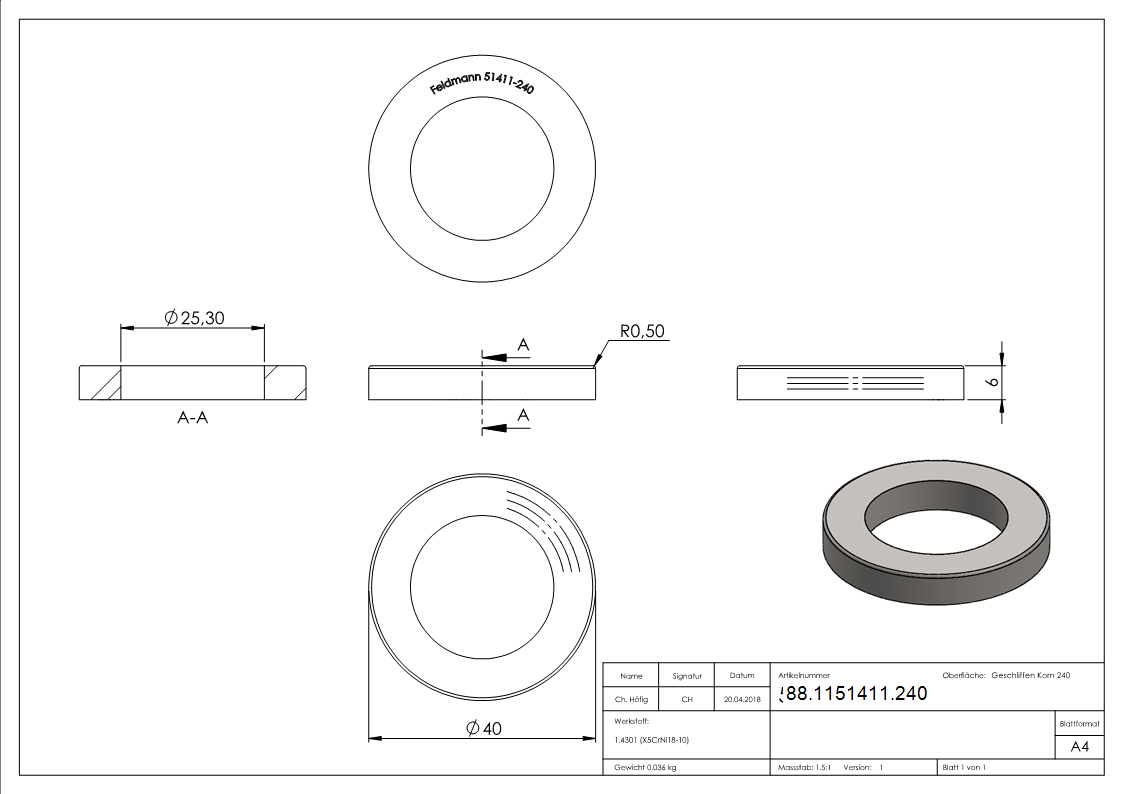 Ausgleichsstueck Ø 40 mit Bohrung 25-3mm V2A-88-1151411.240