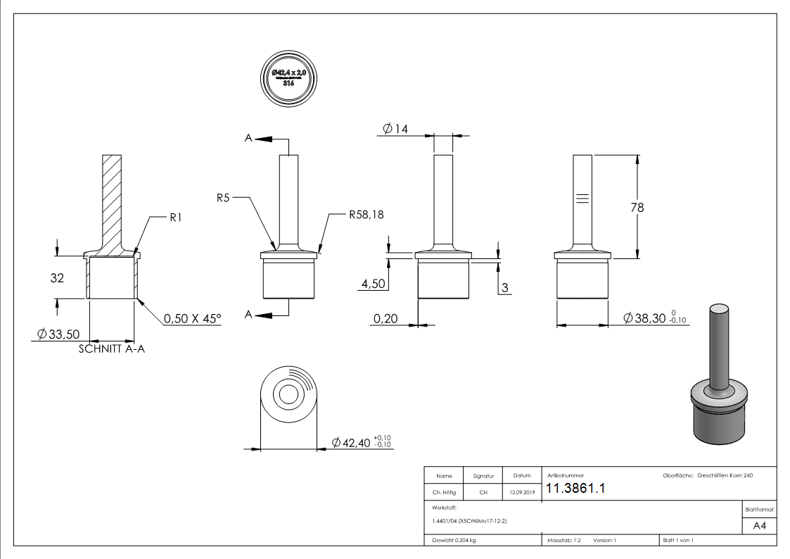 Handlaufstuetze aus einem Stueck fuer  42-4x2-0 mm V4A-11-3861.1