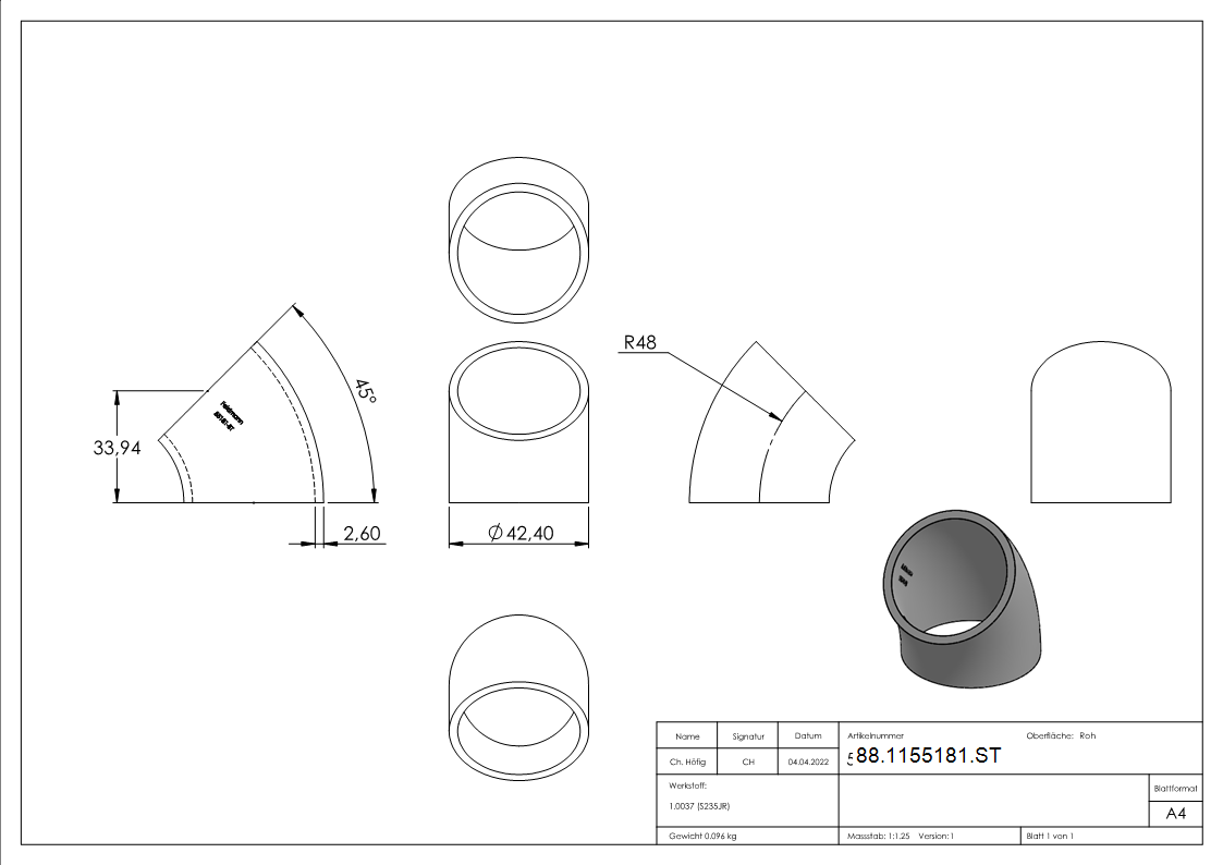 Rohrbogen 45° Stahl roh - 42-4 x 2-6 mm -1 ¼- - Bauart 3-88-1155181.ST