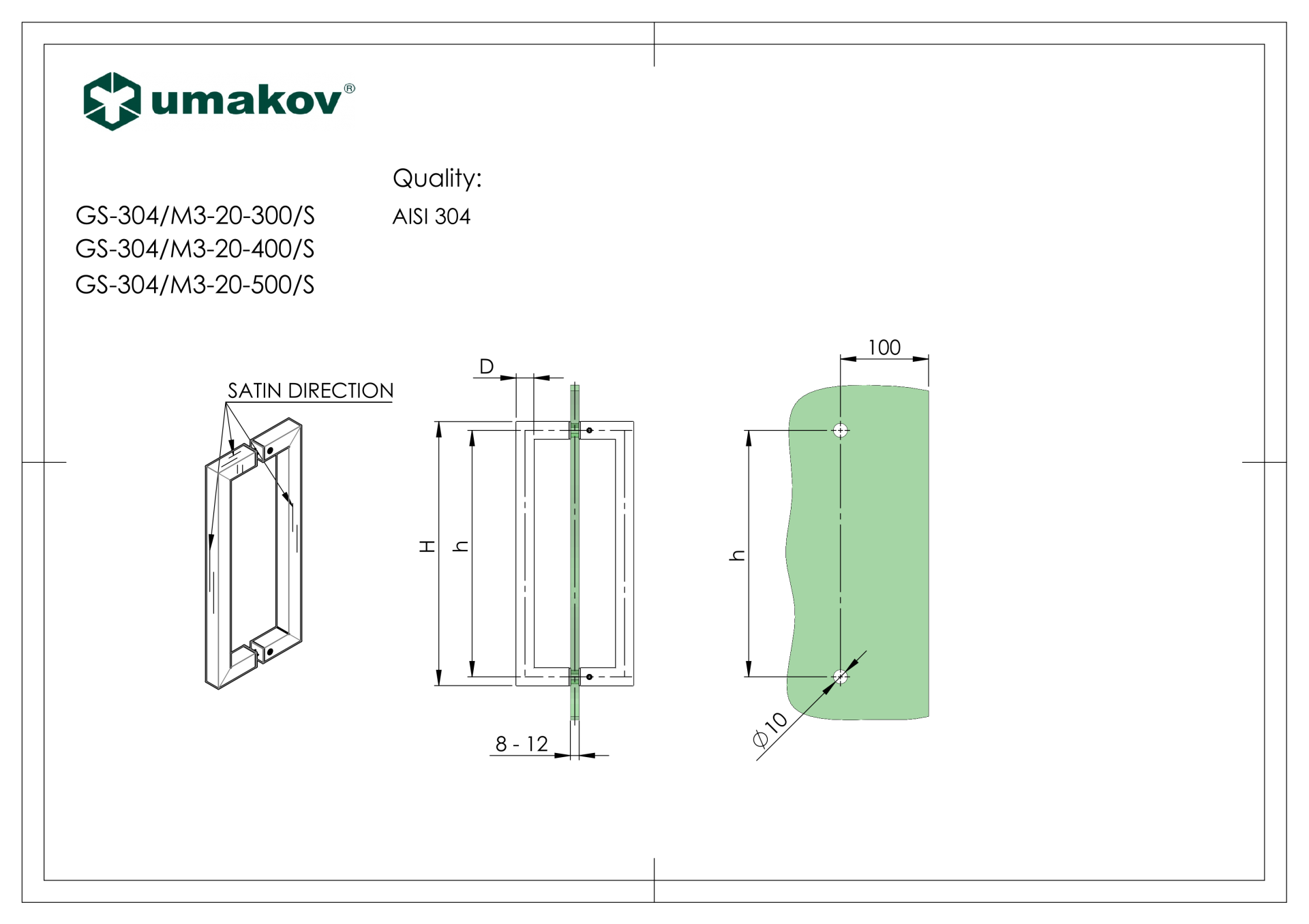 FeNau Glastuergriff Schwarz Edelstahl AISI 304 fuer 8-12mm Glas- Paar-89-11GSBLACKM320300S-A.4