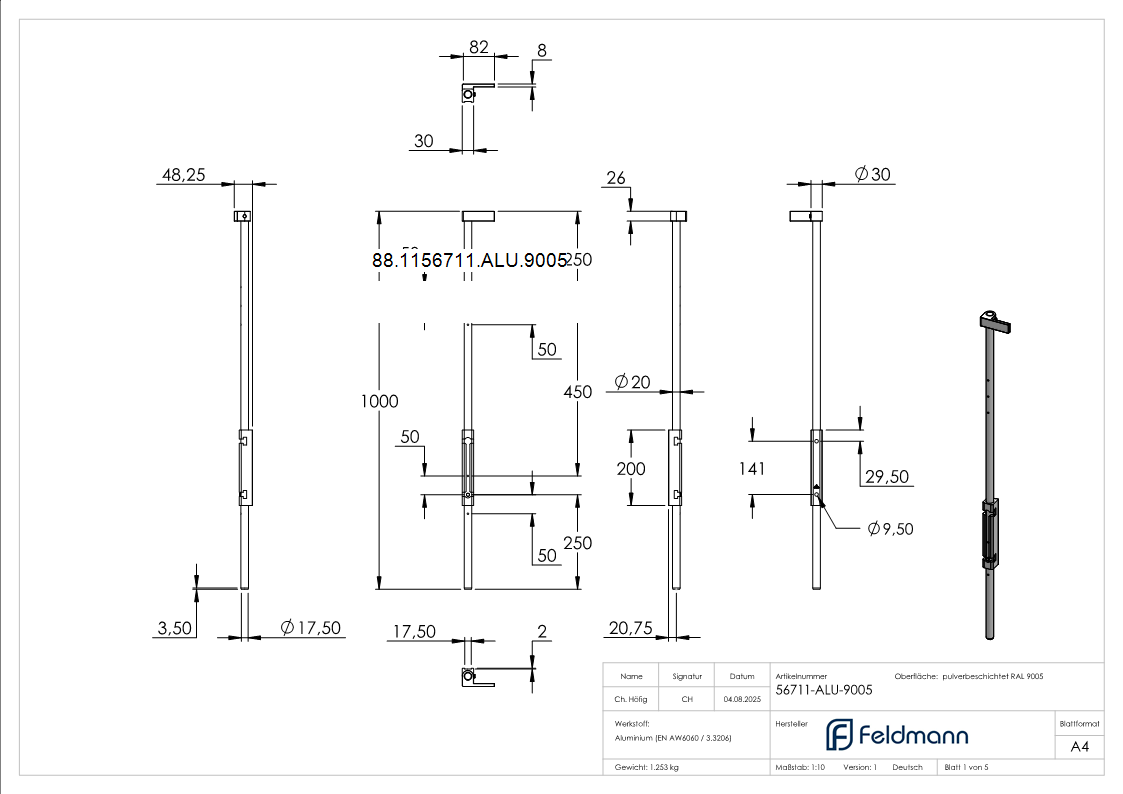 Bodenriegel XL mit Laenge 1000mm- zum Anschrauben- RAL 9005 schwarz-88-1156711-ALU.9005