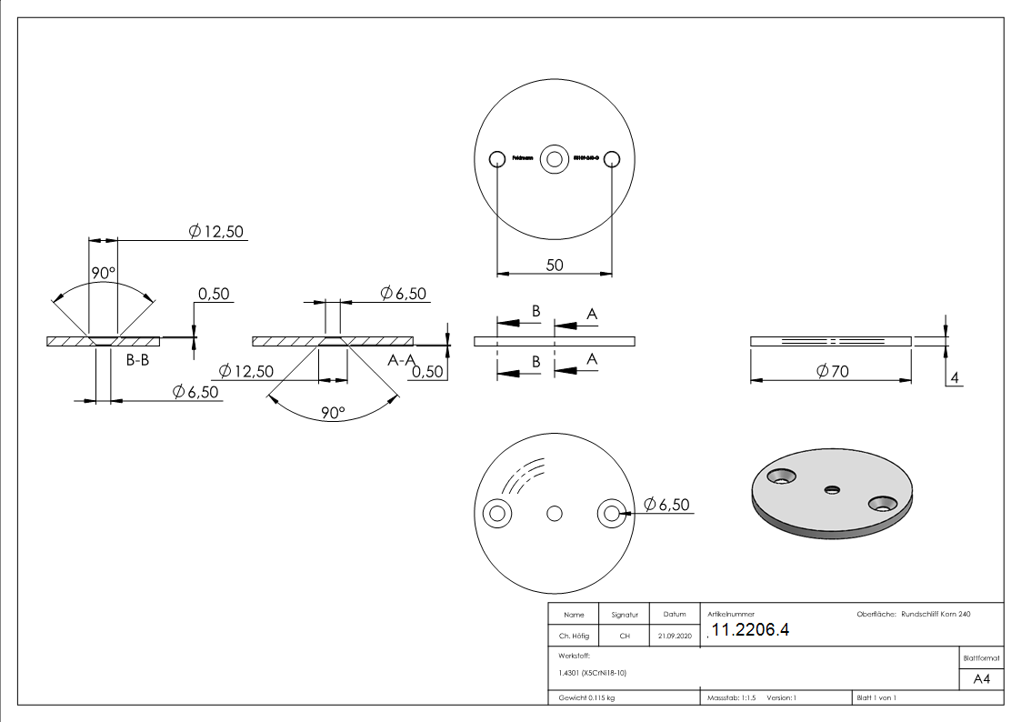 Ankerplatte Ø 70 x 4 mm mit Zentrierbohrung- Ø 6-5 mm- gesenkt V2A-11-2206.4