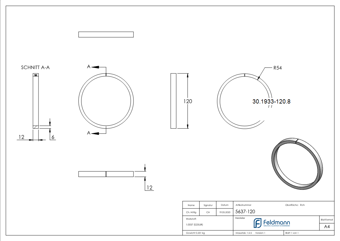 Ring - Material- 12x6 mm - Aussen-Ø 120 mm - Stahl S235JR- roh-30-1933-120.8