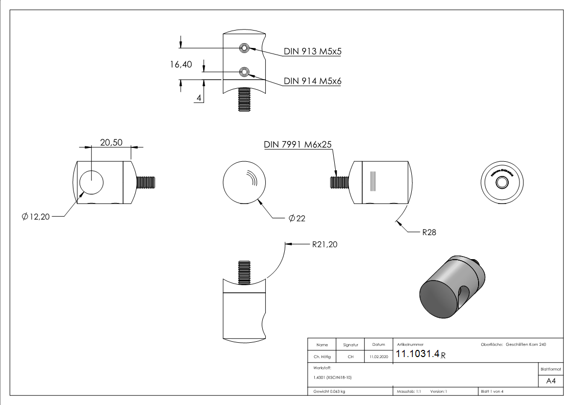 Querstabhalter V2A Edelstahl – Anschluss 42-4 mm fuer Rundstaebe 12 mm mit Sackloch Abschluss rechts inkl- Schrauben-11-1031.4