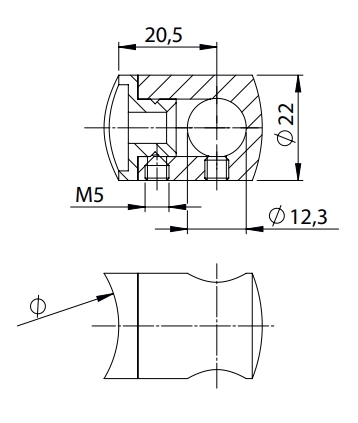 Querstabhalter V2A Edelstahl Ø 22 mm – Anschluss FLACH fuer Rundstaebe 12 mm-11-1011-A.4