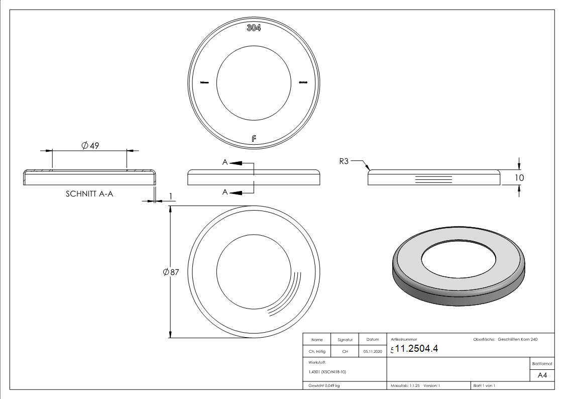 Abdeckrosette Ø 87x10 mm fuer Rundrohr Ø 48-3 mm V2A-11-2504.4