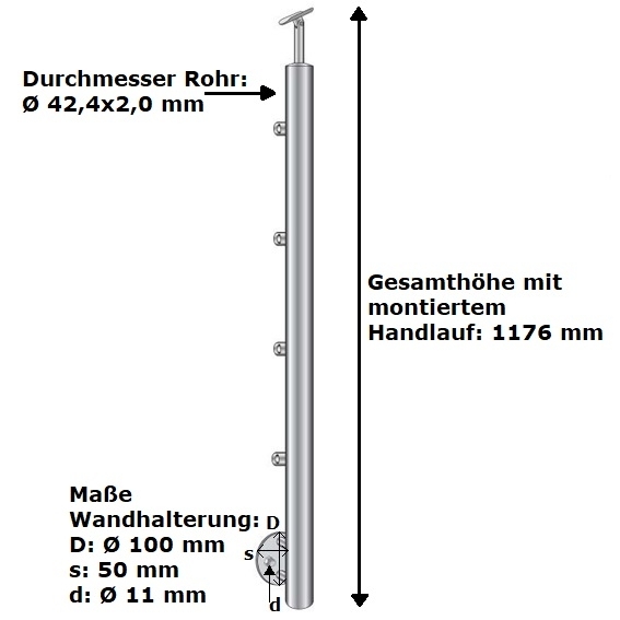 Gelaenderpfosten - Treppenpfosten- Laenge- 900 mm - fuer seitliche Montage - V2A-14-0070RR-A.4