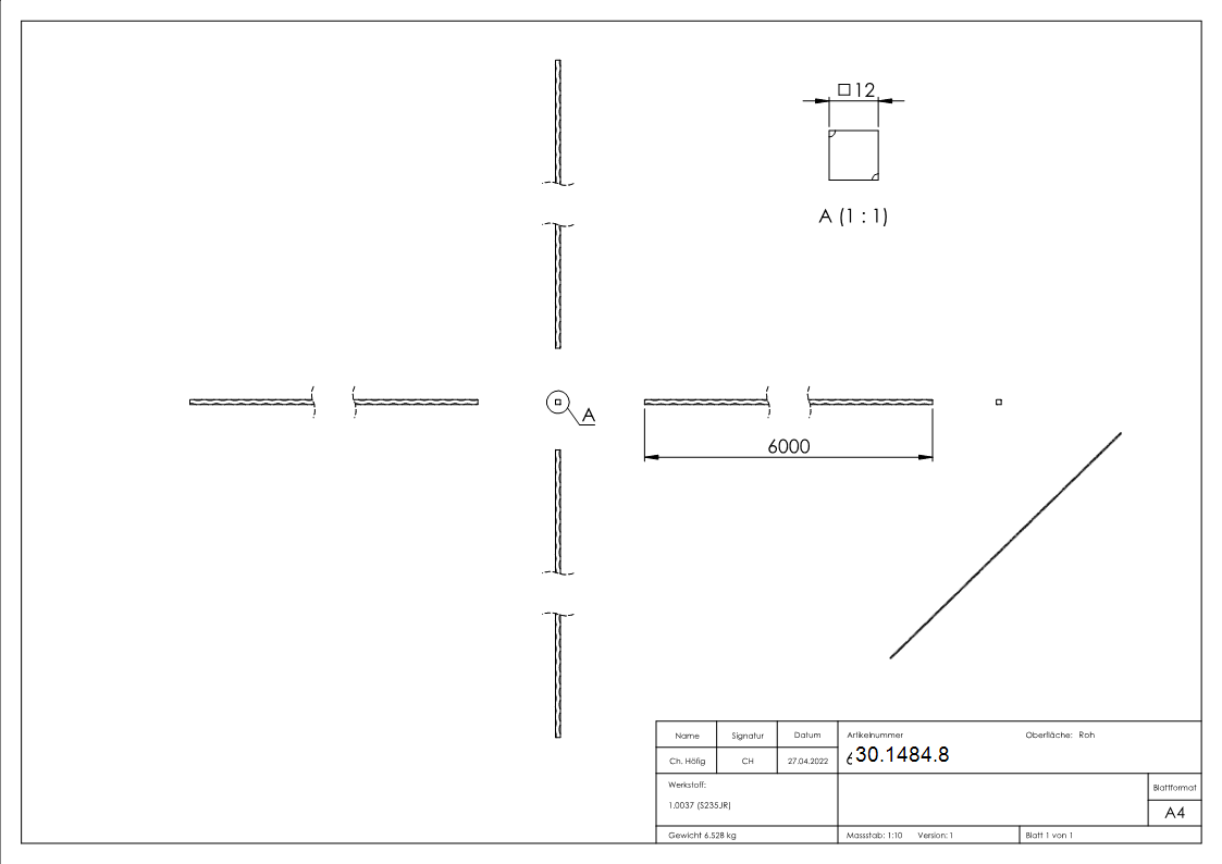 Vierkant - Masse- 12x12 mm - Laenge- 6000 mm - Stahl -Roh- S235JR-30-1484.8