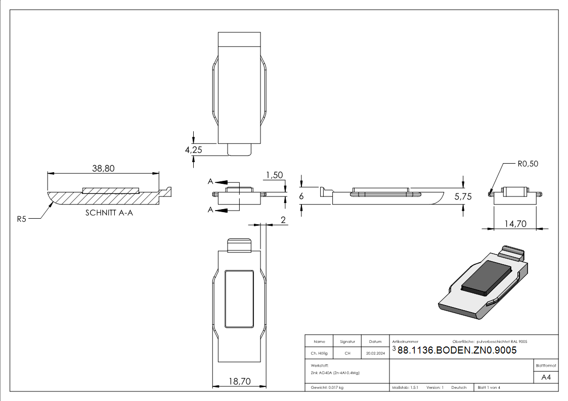 Sicherungsplatte Zinkdruckguss fuer Mod- 36 pulverbeschichtet RAL 9005 matt-88-1136-BODEN-ZN0.9005