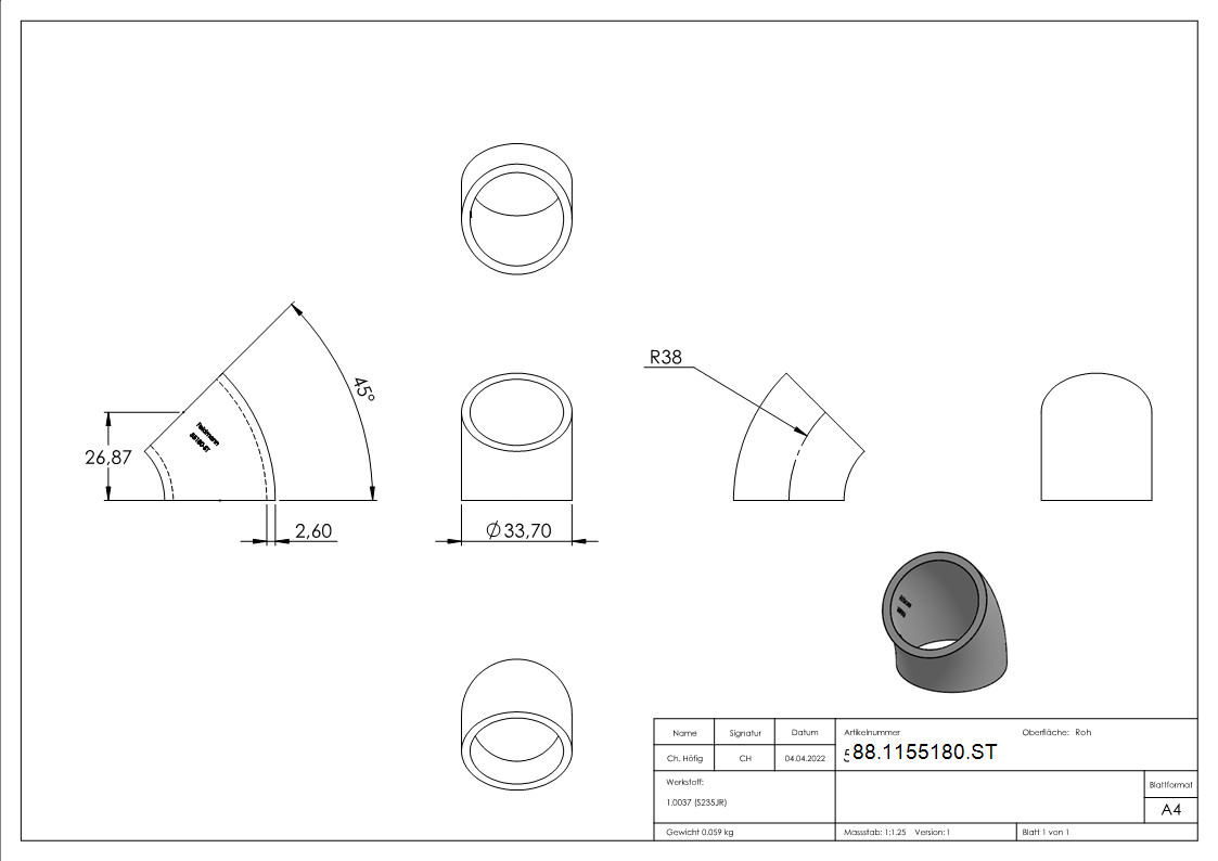 Rohrbogen 45° Stahl roh - 33-7 x 2-6 mm -1- - Bauart 3-88-1155180.ST