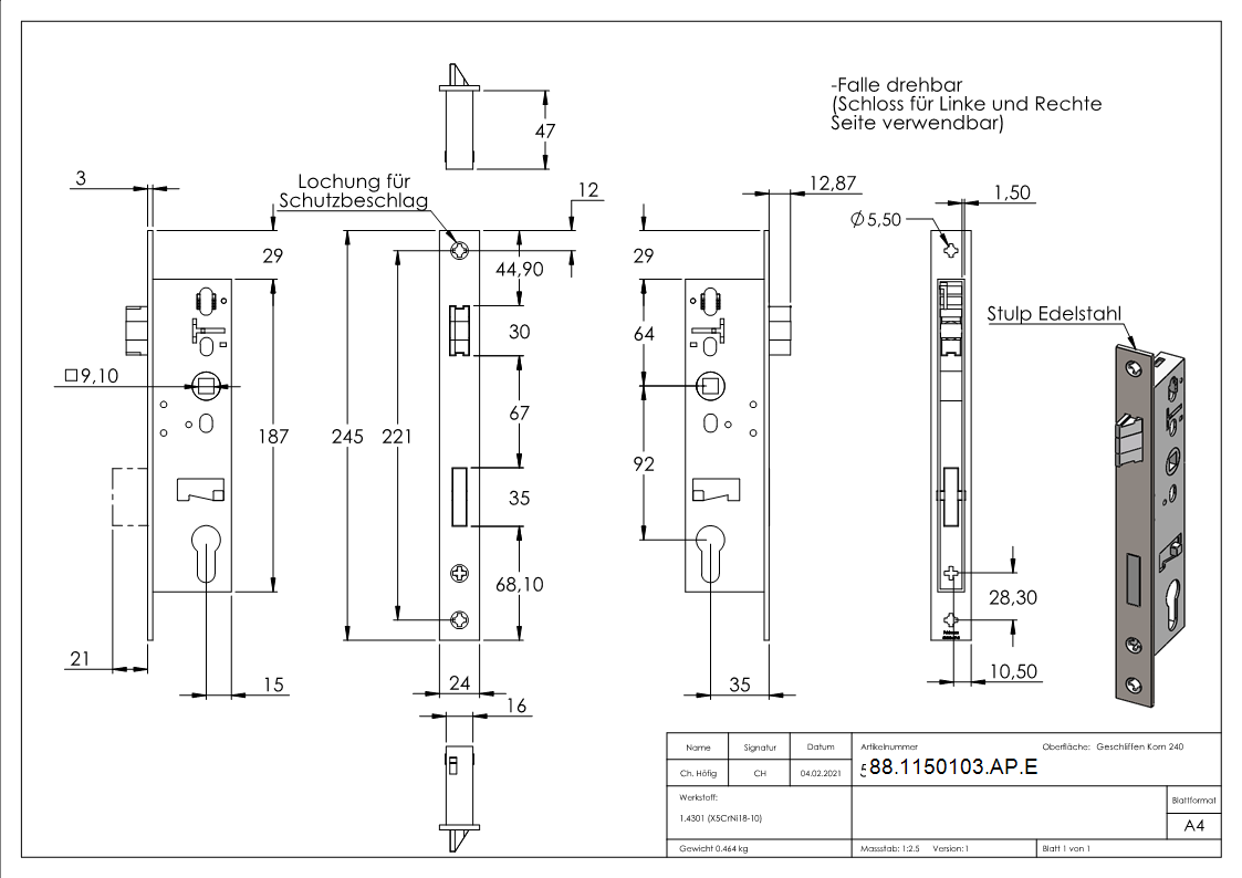 Rohrrahmenschloss verzinkt mit Dornmass 35mm- mit Anti-Panikfunktion E-88-1150103-AP.E