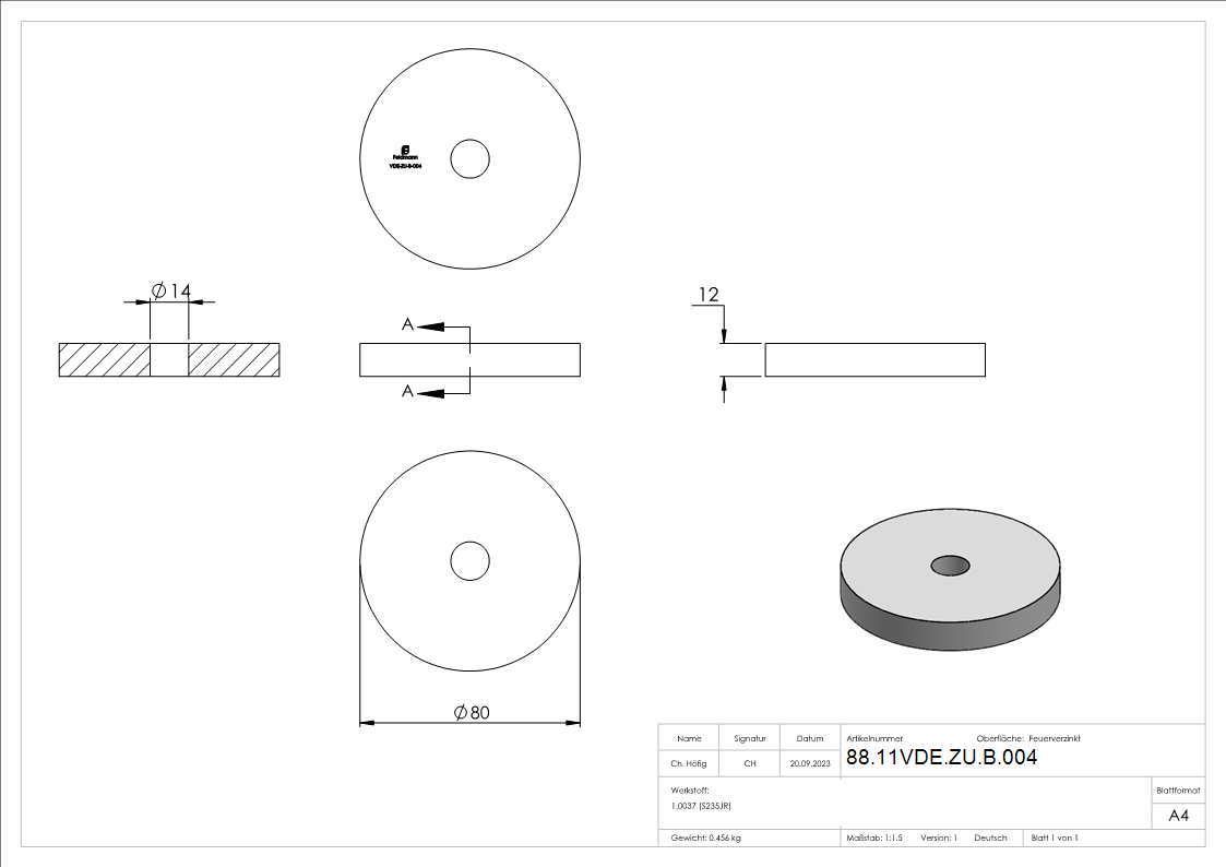 Lastverteilungsplatte rund- d=80x12mm- Stahl feuerverzinkt-88-11VDE-ZU-B.004