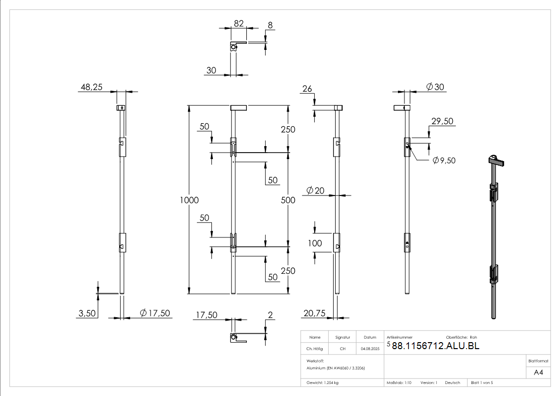 Bodenriegel XL mit zwei Befestigungen- Laenge 1000mm- zum Anschrauben- blank-88-1156712-ALU.BL