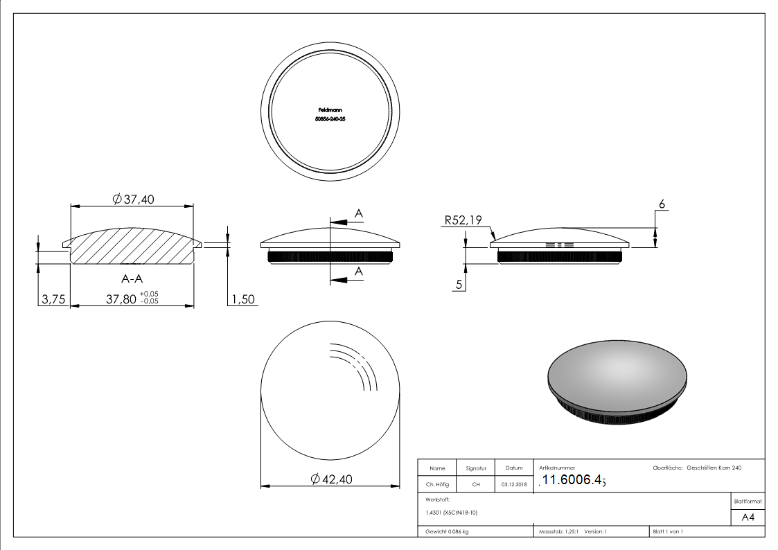 Endkappe V2A fuer Rohr Ø 42-4 mm x 2-5 mm- gewoelbt zum Einschlagen-11-6006.4