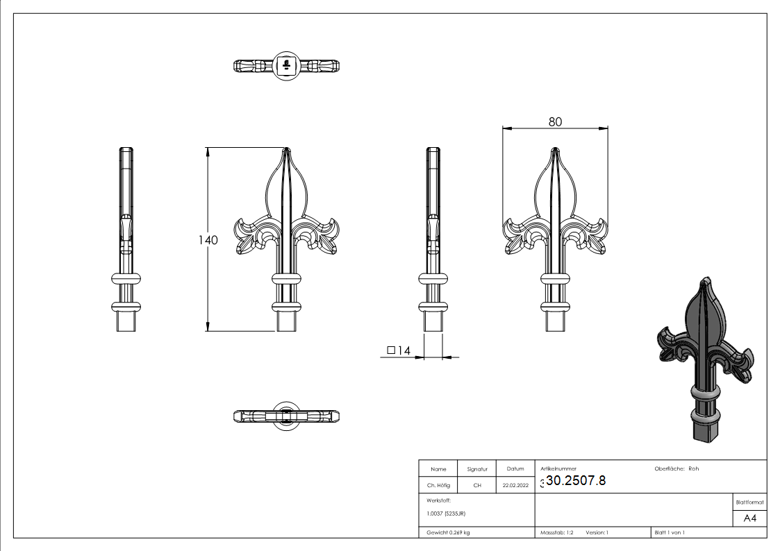Zaunspitze - Hoehe- 140 mm - Material- 14x12 mm - Stahl S235JR- roh-30-2507.8