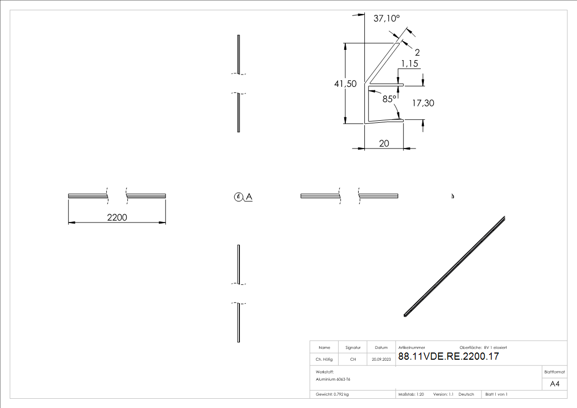 Regenrinne fuer Vordaecher- Glas 17-52mm- L=2200mm- E4-EV1-88-11VDE-RE-2200.17