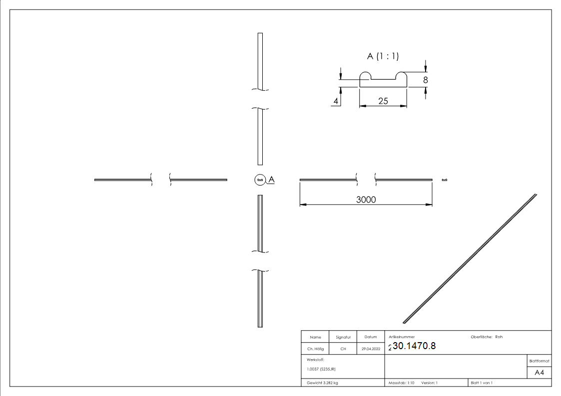 Hespeneisen 25x8x4 mm Profilstahl 3000mm S235JR fuer Tore-30-1470.8