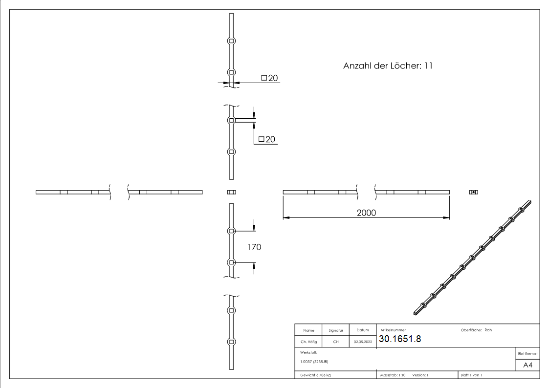Lochleiste vierkant Material- 20x20 mm Laenge- 2000 mm Stahl -Roh- S235JR-30-1651.8
