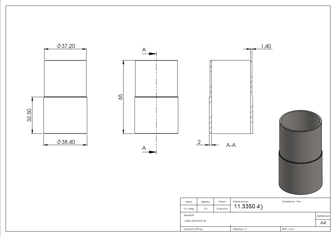 Verbindungsstueck fuer Rundrohr Ø 42-4x2-6 mm V2A-11-3350.4
