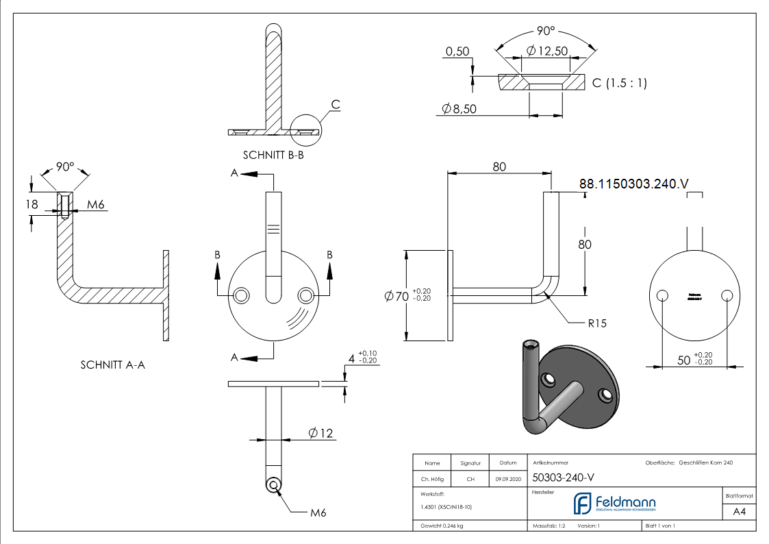 Handlaufhalter mit Innengewinde M6-88-1150303-240.V