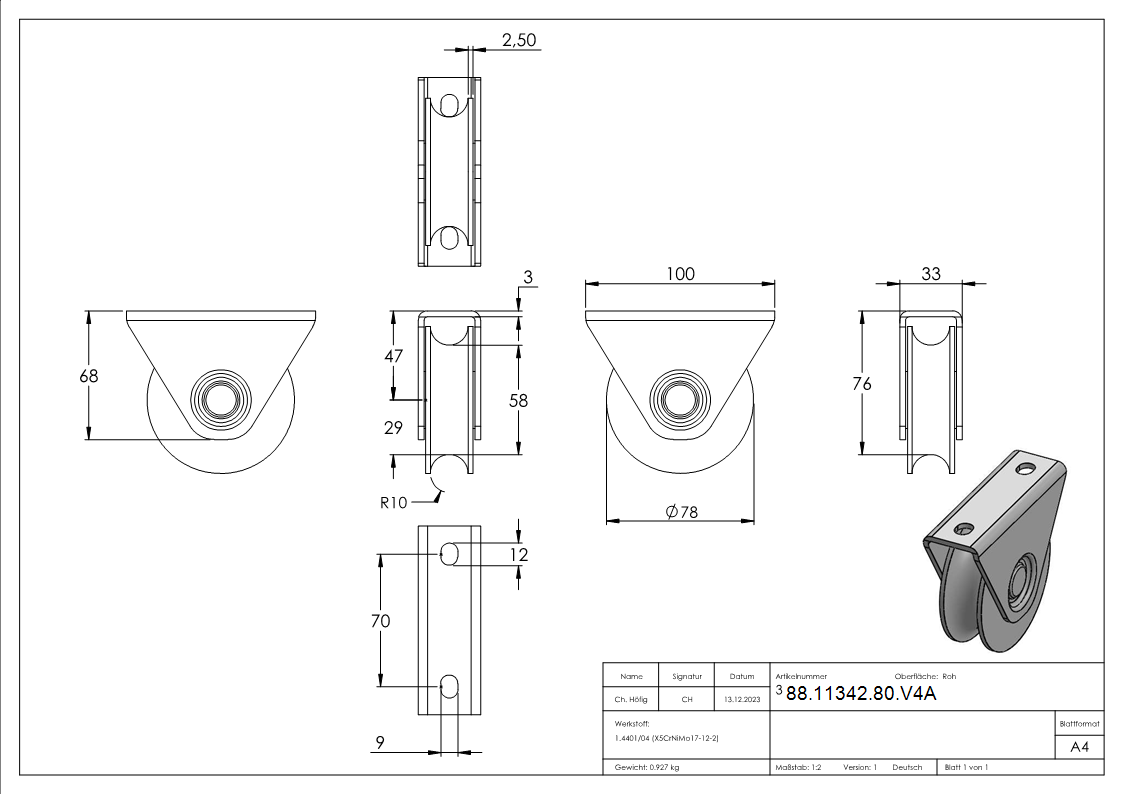 Schiebetorrolle Edelstahl V4A  80 mm Rundrille  20 mm mit 2 Kugellager-88-11342-80.V4A