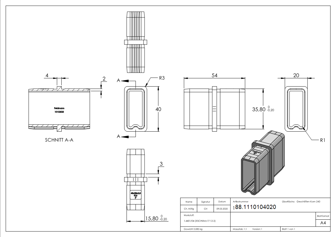 Steckfitting V4A 40 x 20 x 2 mm gerade-88.1110104020