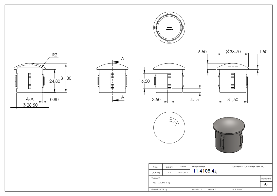 Rohrstopfen fuer Ø 33-7x2-0-2-5 mm leicht gewoelbt zum Einschlagen V2A-11-4105.4