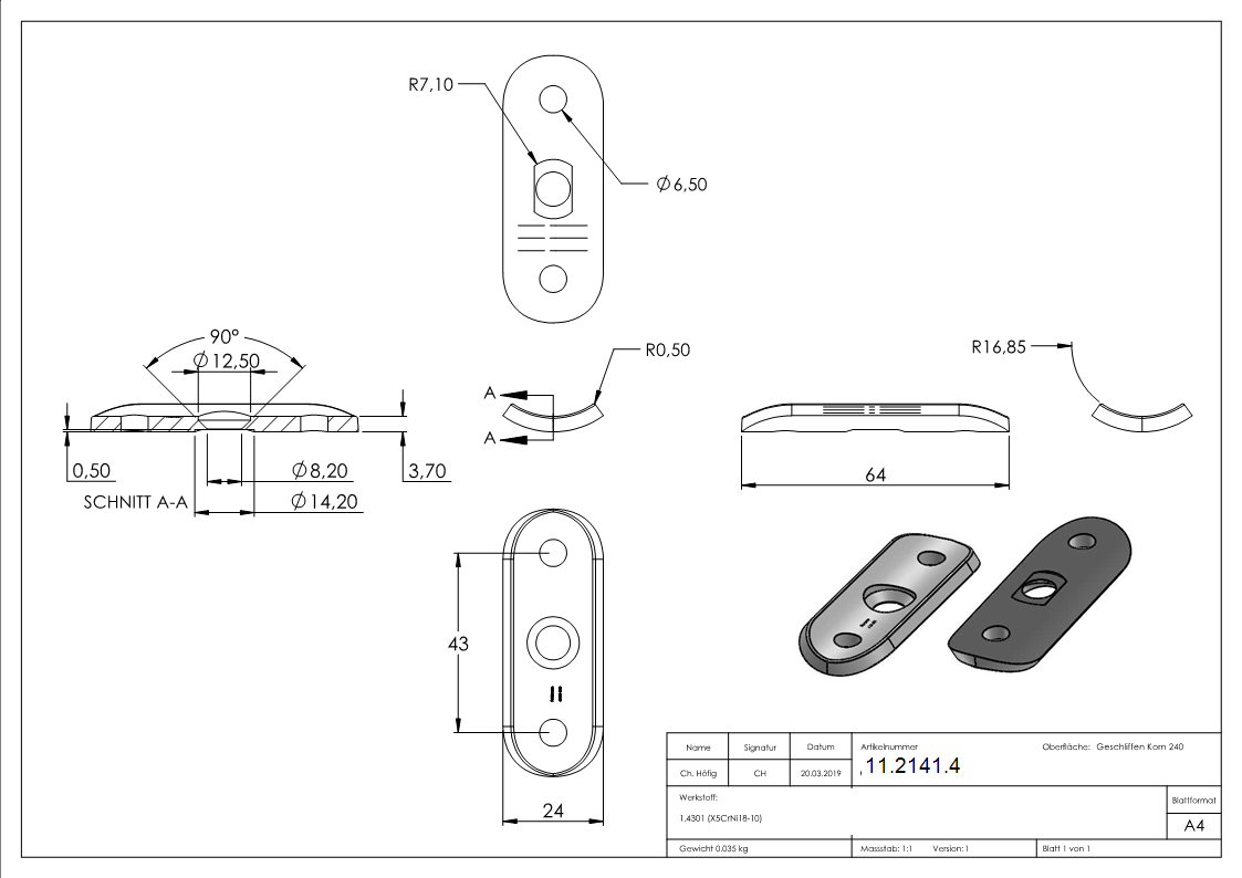 Handlaufanschlussplatte 63x25x4 mm fuer Rohr Ø 33-7 mm V2A-11-2141.4