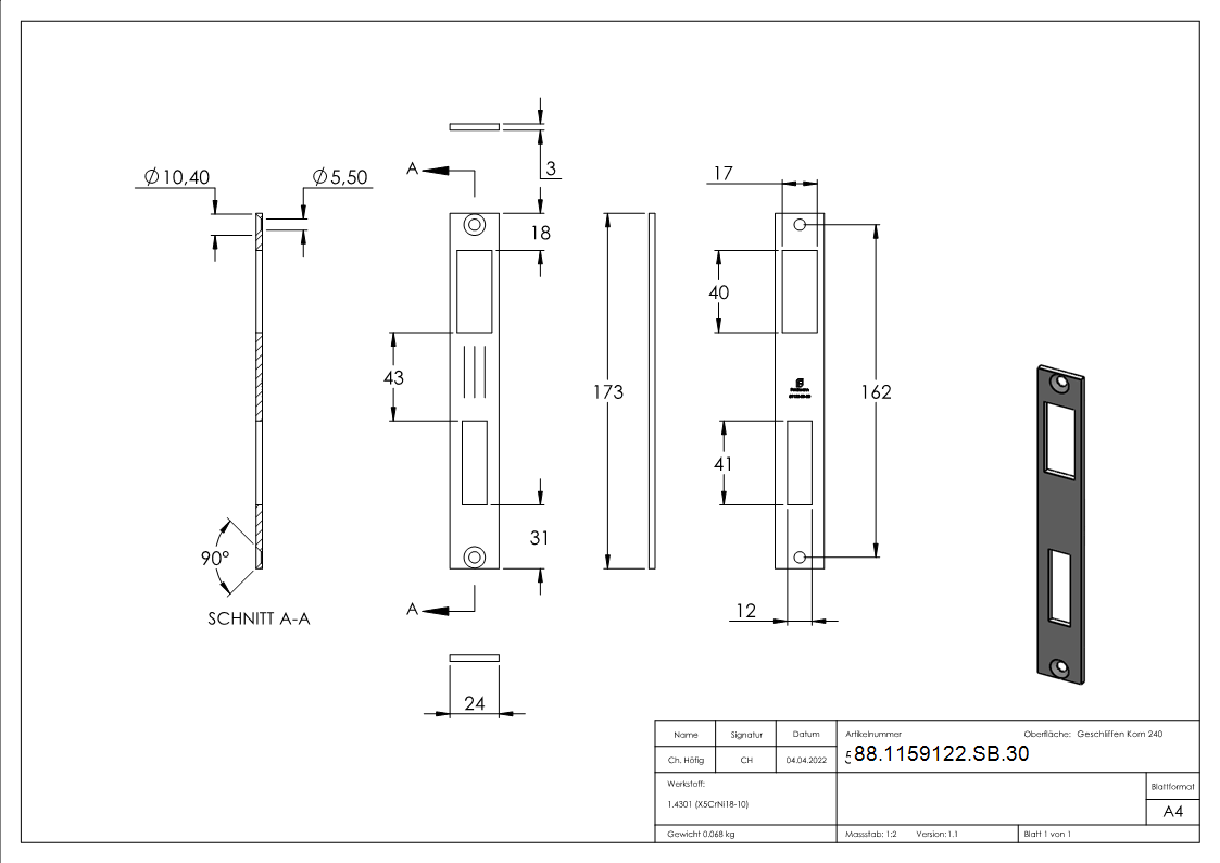 Schlieblech Edelstahl V2A fr 30 mm Schiebetorschlsser geschliffen-88-1159122-SB.30