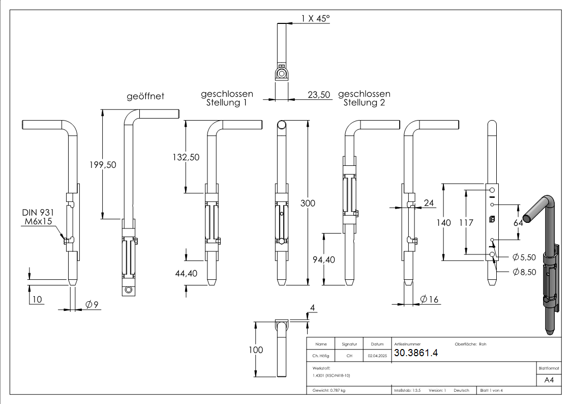 Bodenschieber - Torriegel - Laenge- 300 mm - V2A - zum Anschrauben-30-3861.4