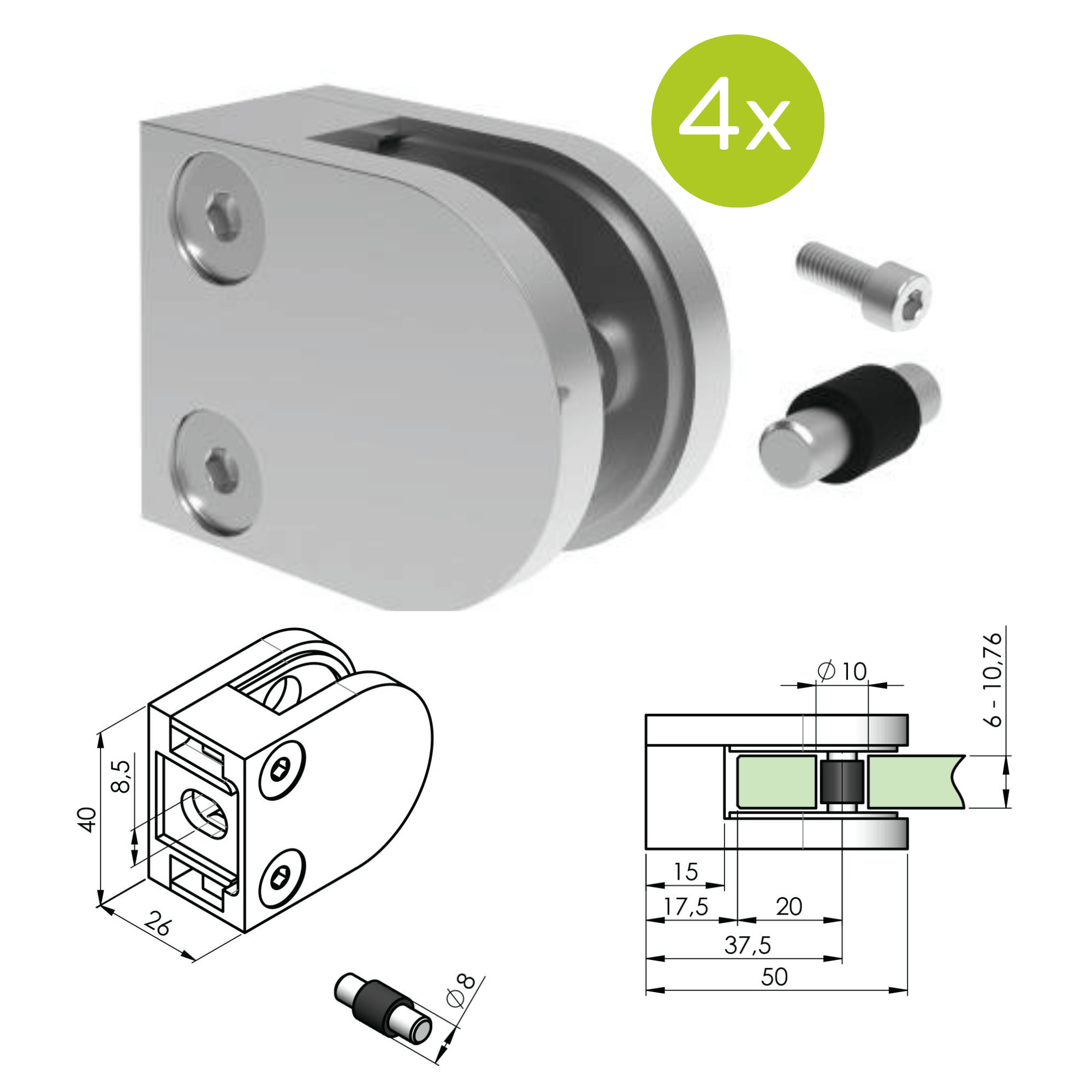 Glasklemme V2A fuer 6-10-76 mm Glas Flachanschluss geschliffen 4er Set-89-11A2000000SET4-A.4