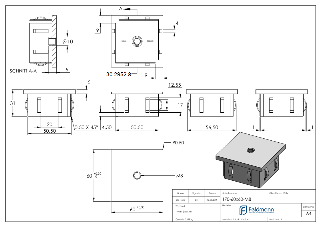 Stahlstopfen flach - mit M8 - fuer Rohr 60x60x2-0-3-0 mm - Stahl S235JR- roh-30-2952.8