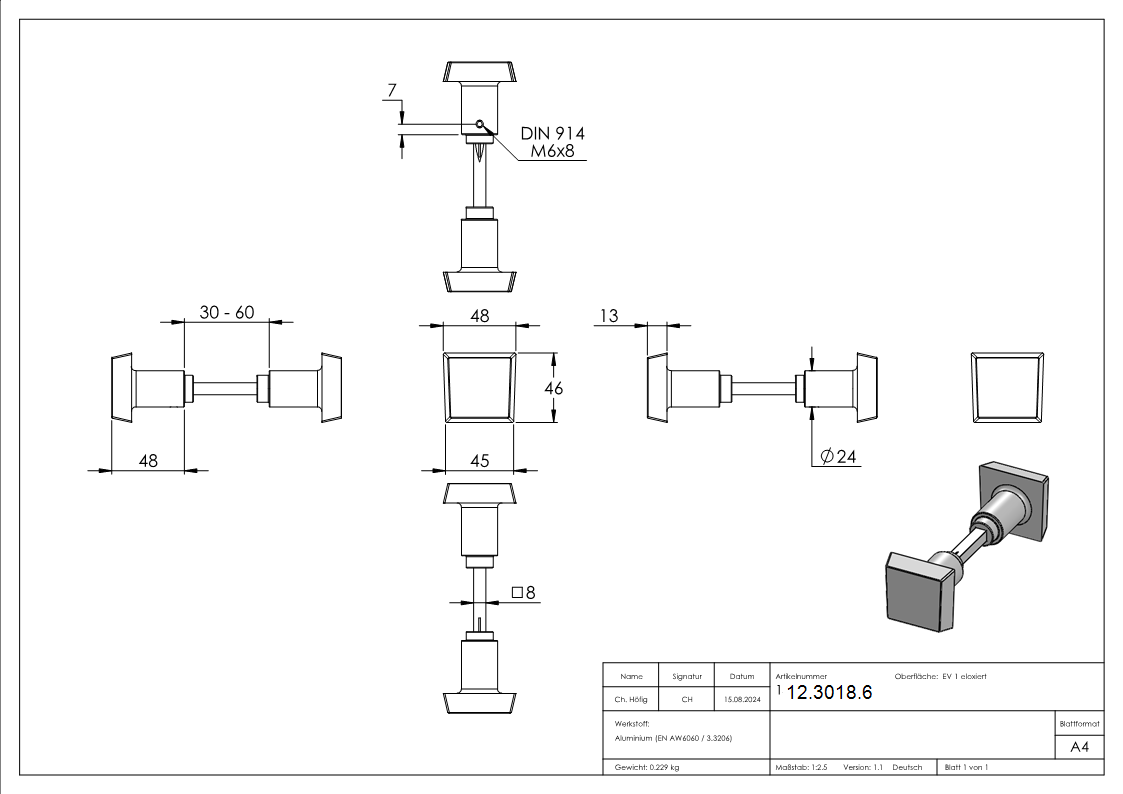 Alu-Tuerknopfpaar -quadratisch- mit Drueckerstift-12-3018.6
