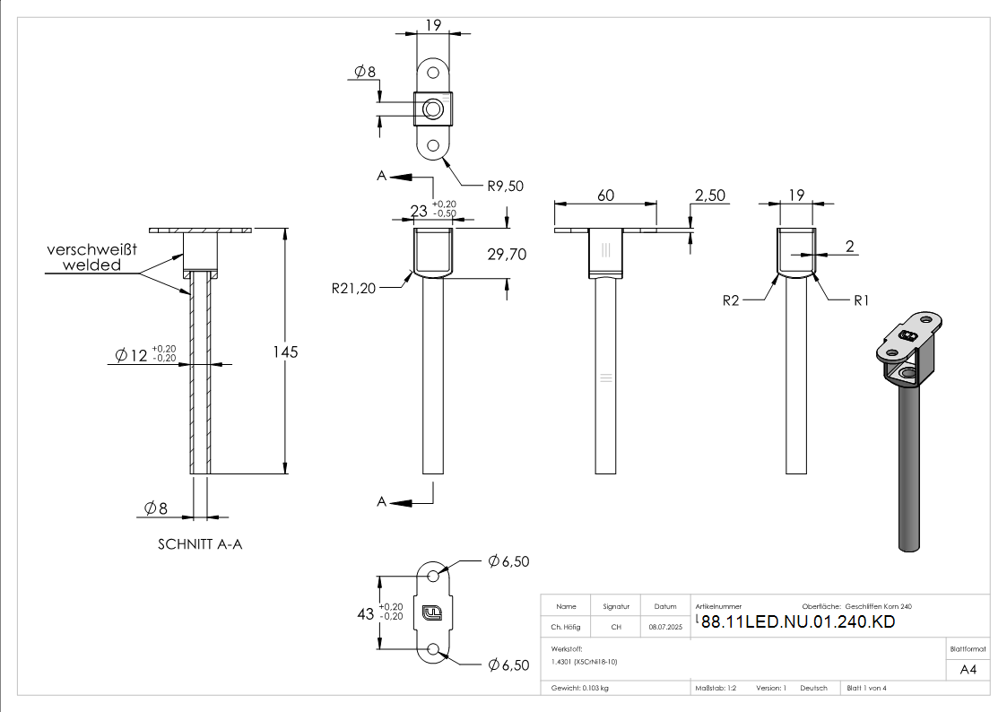 Stift mit Anschlussplatte fuer LED-Handlauf- hohl- V2A-88-11LED-NU-01-240.KD