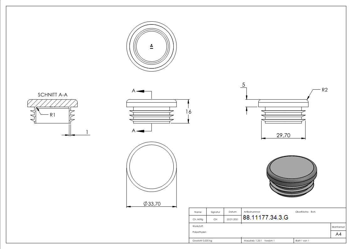 Kunststoffkappe Kunststoff fuer Rundrohr Ø 33-7 mm- Wandstaerke 2-5-4-0 mm- grau-88-11177-34-3.G