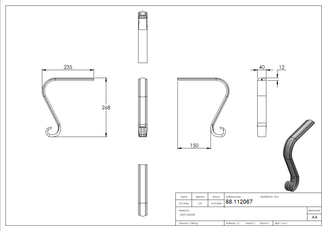 Handlaufanfaenger geschwungen Stahl S235JR 40x12 mm H 400 mm roh-88.112067