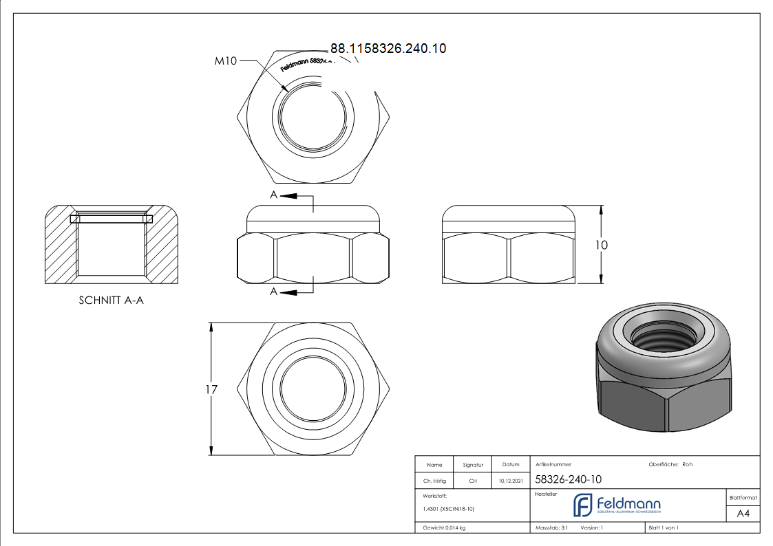 Sechskantmutter Edelstahl A2 M10 selbstsichernd DIN 985-88-1158326-240.10