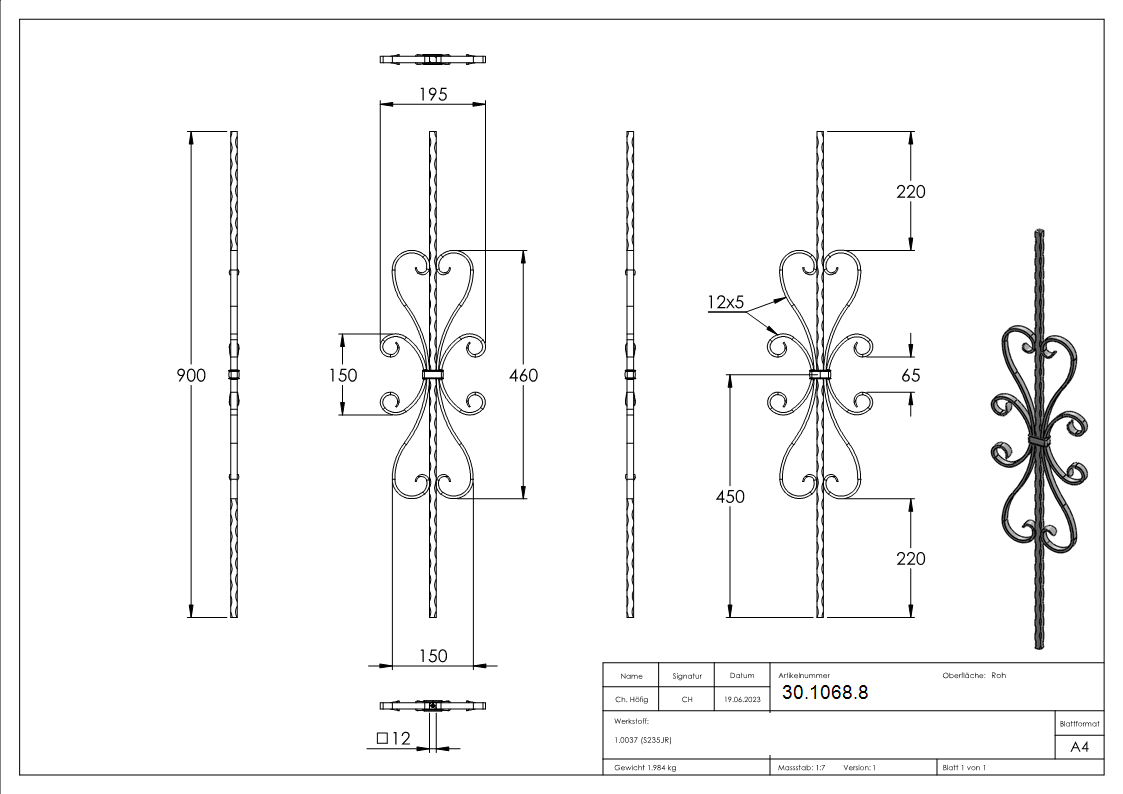 Zierstab - Laenge- 900 mm - Material- 12x12 mm - gehaemmert - Stahl -Roh- S235JR-30-1068.8