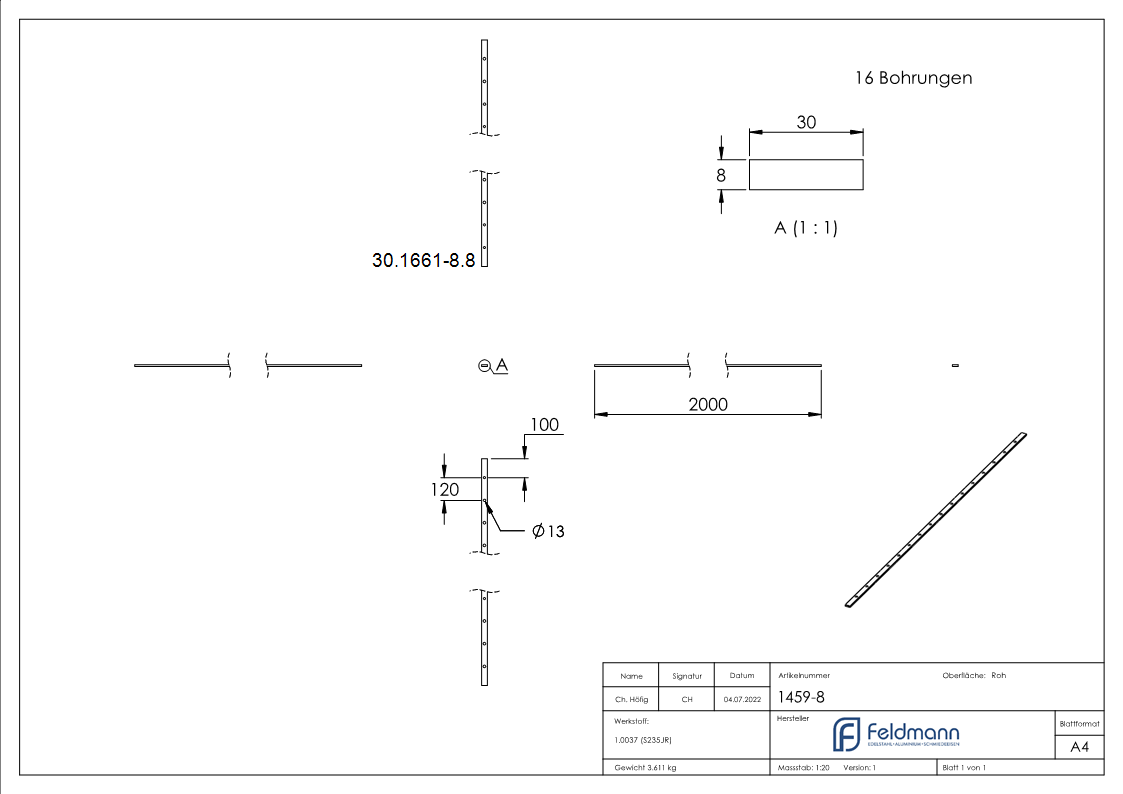 Flacheisen gelocht Laenge- 2000 mm 16 Lochungen Stahl -Roh- S235JR-30-1661-8.8