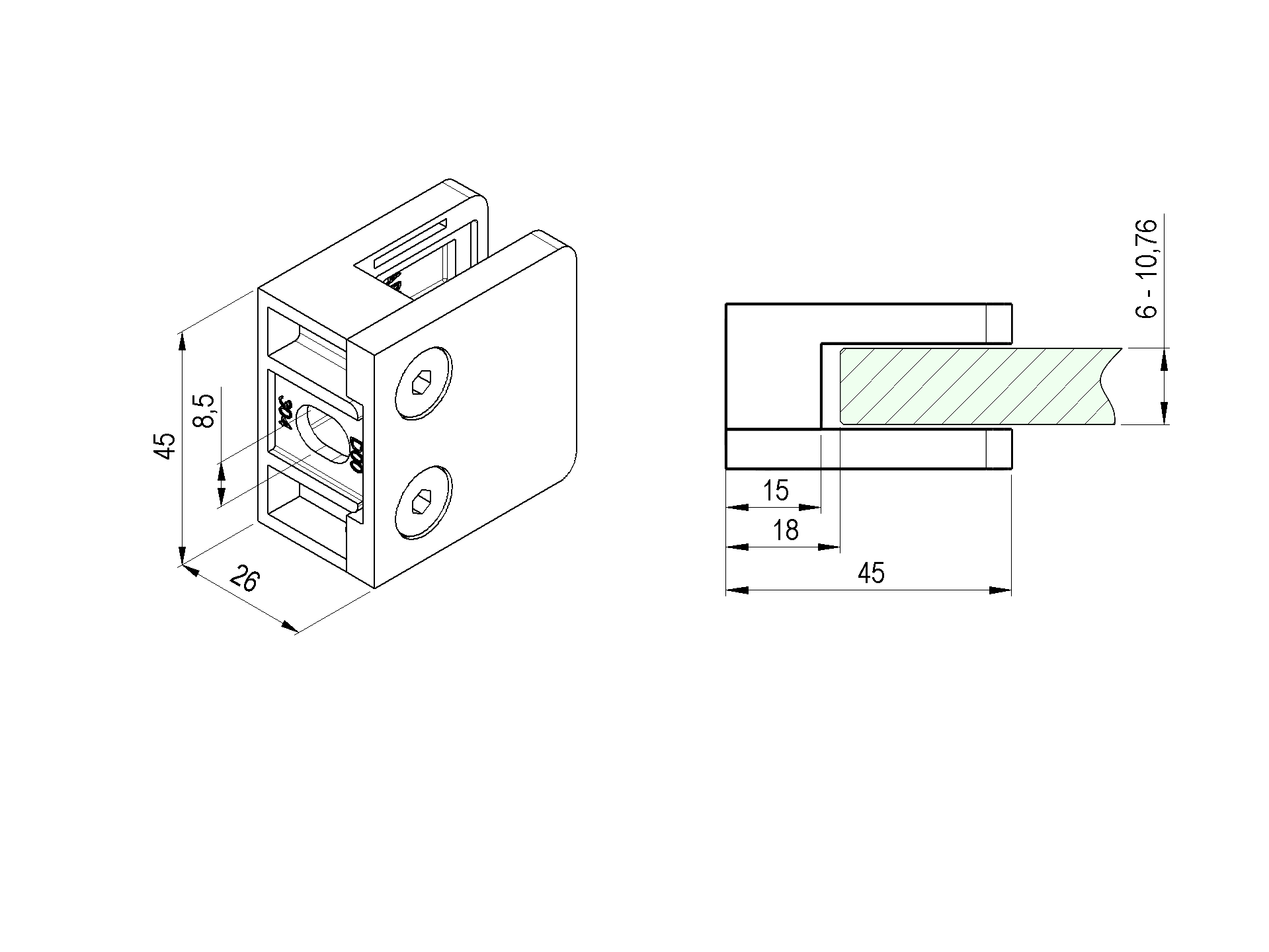 Glasklemme V2A fuer Glas 6 - 10-76 mm Flachanschluss geschliffen 4er Set-89-11A2300000SET4-A.4
