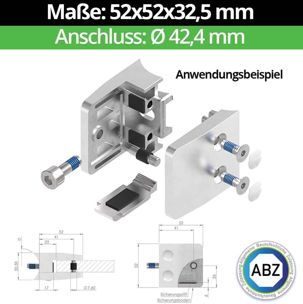 Glasklemme AbZ 52x52x32-5 mm  fuer Anschluss  Flach - Ø 42-4 mm - Ø 48-3 mm - 60-3 mm-10-MODELL34-42-12-1.1