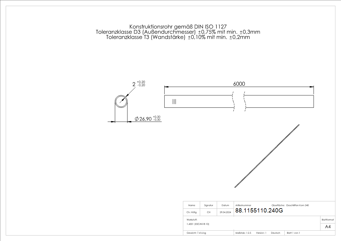 V2A-Rohr Korn 240 26-9x2-0mm- geglueht Edelstahl-88-1155110.240G