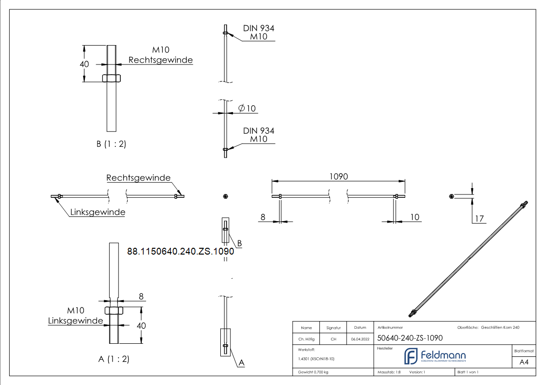 Zugstange Edelstahl V2A L = 1090 mm Gewinde M10 Links-Rechtsgewinde-88-1150640-240-ZS.1090
