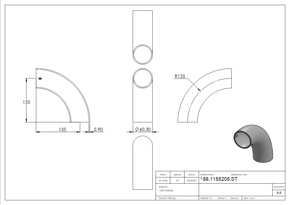 Rohrbogen 90° Stahl roh - 60-3 x 2-9 mm -2- - Bauart 5-88-1155205.ST