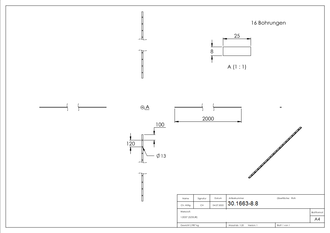 Flacheisen gelocht Laenge- 2000 mm 16 Lochungen Stahl -Roh- S235JR-30-1663-8.8